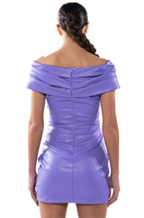 CIELO OFF THE SHOULDER RUCHED FAUX LEATHER MINI DRESS