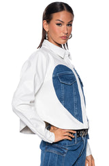 CLEAR LOVE FAUX LEATHER DENIM DETAIL BUTTON DOWN TOP