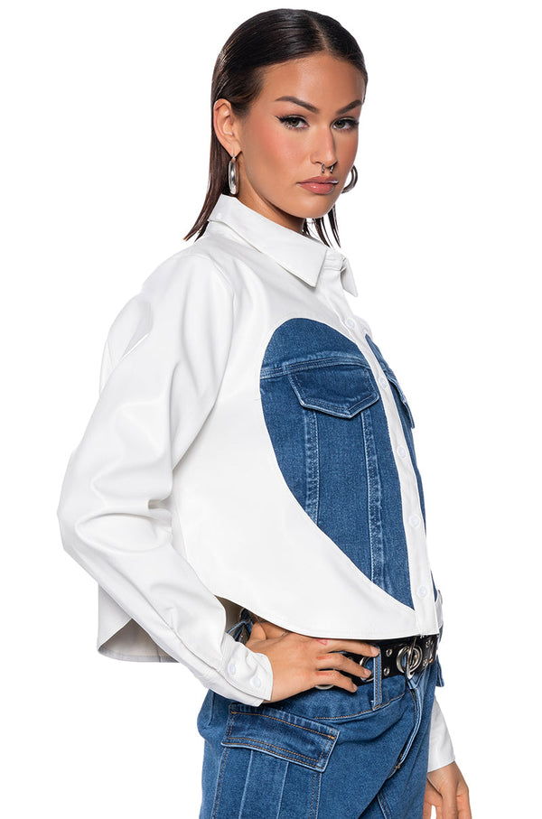 CLEAR LOVE FAUX LEATHER DENIM DETAIL BUTTON DOWN TOP