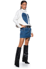 CLEAR LOVE FAUX LEATHER DENIM DETAIL BUTTON DOWN TOP