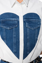 CLEAR LOVE FAUX LEATHER DENIM DETAIL BUTTON DOWN TOP