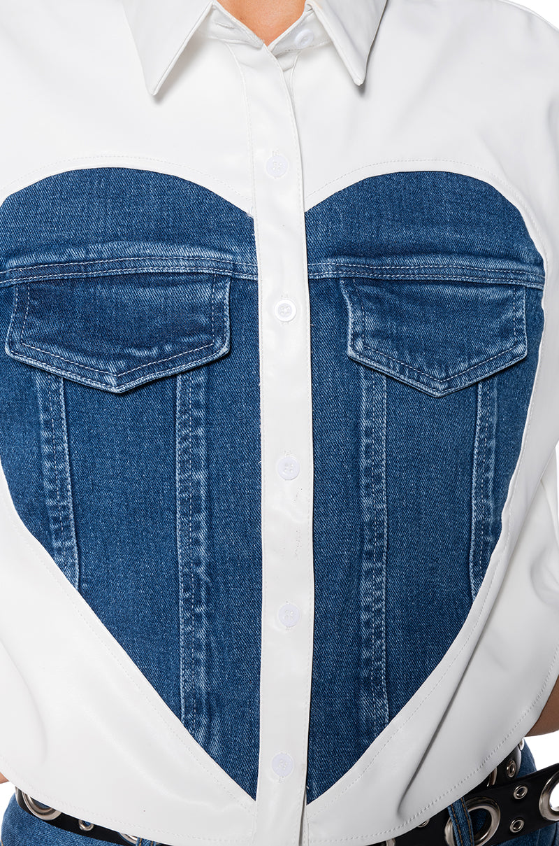 CLEAR LOVE FAUX LEATHER DENIM DETAIL BUTTON DOWN TOP