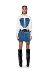 CLEAR LOVE FAUX LEATHER DENIM DETAIL BUTTON DOWN TOP