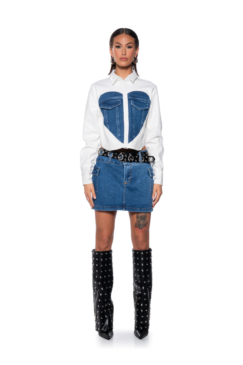 CLEAR LOVE FAUX LEATHER DENIM DETAIL BUTTON DOWN TOP