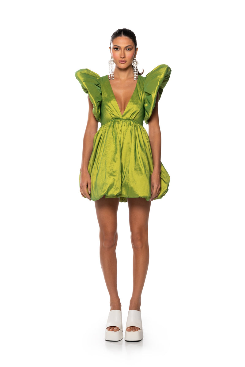 CLEMENTINE BUTTERFLY SLEEVE MINI DRESS IN GREEN