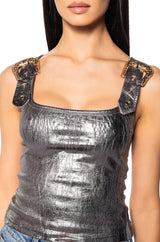 CLEO BUCKLE DETAIL METALLIC COATED TANK