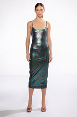 CLEO IRIDESCENT SKINNY STRAP MIDI DRESS
