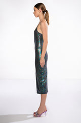 CLEO IRIDESCENT SKINNY STRAP MIDI DRESS