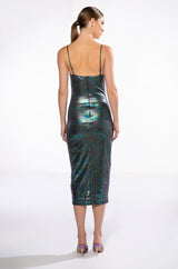 CLEO IRIDESCENT SKINNY STRAP MIDI DRESS
