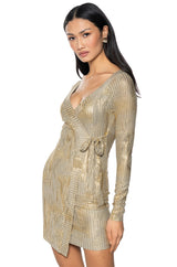 CLEO METALLIC WRAP MINI DRESS