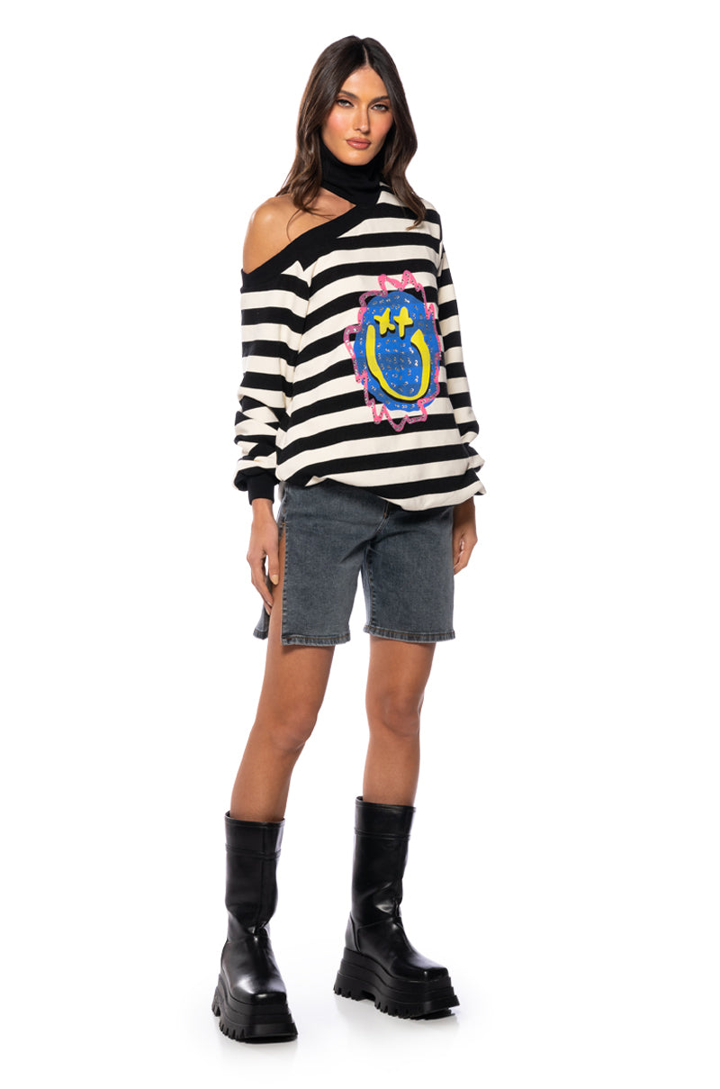 COLD SHOULDER STRIPED LONG SLEEVE TOP