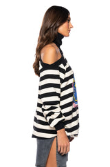 COLD SHOULDER STRIPED LONG SLEEVE TOP