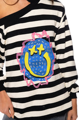 COLD SHOULDER STRIPED LONG SLEEVE TOP