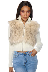 COLDEST WINTER ZIP UP FAUX FUR TRIM KNIT SWEATER IN IVORY