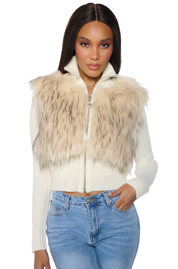COLDEST WINTER ZIP UP FAUX FUR TRIM KNIT SWEATER IN IVORY