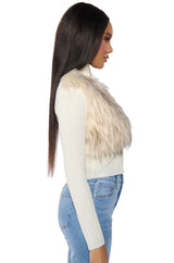 COLDEST WINTER ZIP UP FAUX FUR TRIM KNIT SWEATER IN IVORY