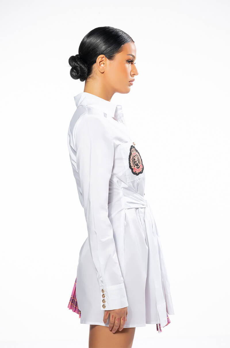 COLLEGIATE PRIVATE SCHOOL LAYERED POPLIN BUTTON DOWN MINI DRESS