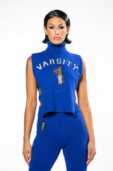 COLLEGIATE VARSITY BLUES SLEEVELESS TURTLENECK SWEATER