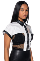 COLOR BLOCKED FAUX LEATHER BUTTON DOWN