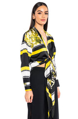 COLORFUL TIE FRONT SATIN BLOUSE