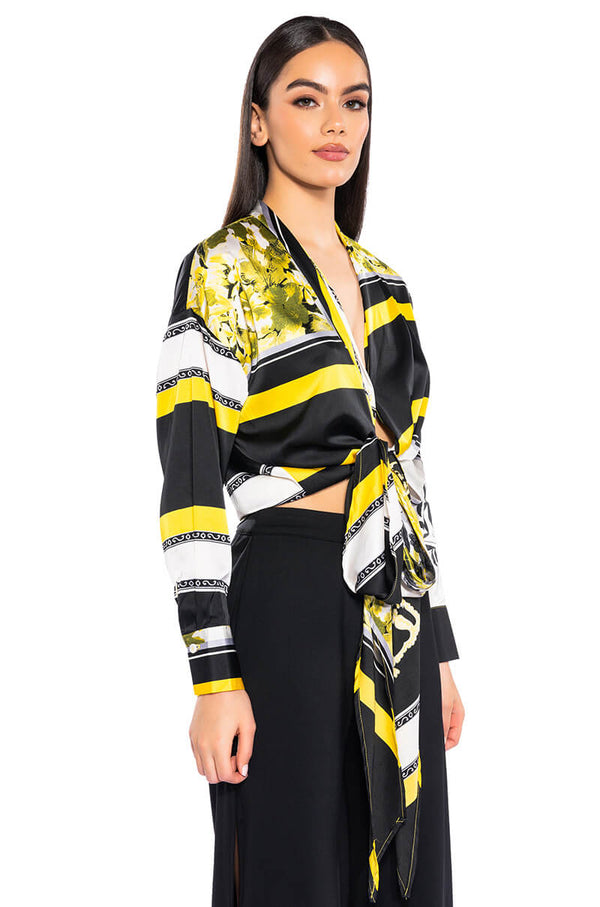 COLORFUL TIE FRONT SATIN BLOUSE