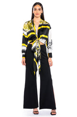 COLORFUL TIE FRONT SATIN BLOUSE