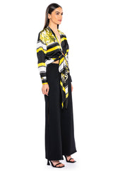 COLORFUL TIE FRONT SATIN BLOUSE