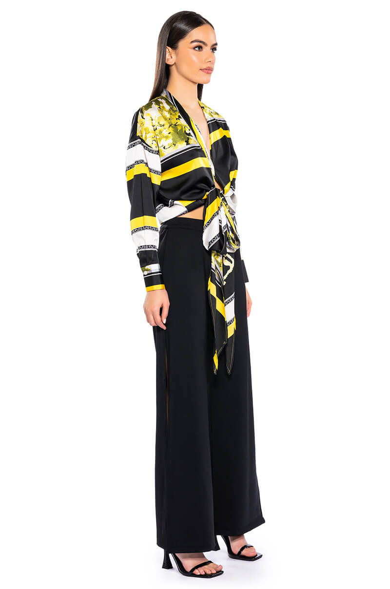 COLORFUL TIE FRONT SATIN BLOUSE