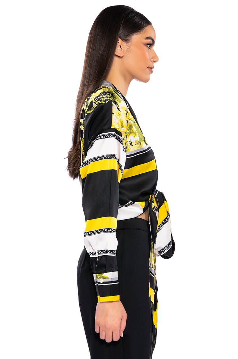 COLORFUL TIE FRONT SATIN BLOUSE