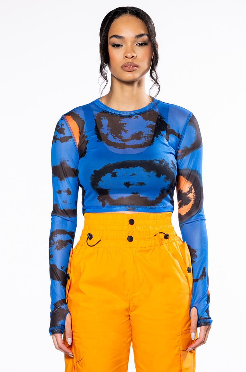 COLORS OF THE WIND LONG SLEEVE CREW NECK MESH CROP