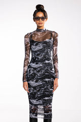 CONFIDENCE IS KEY LONG SLEEVE RUCHED MESH MIDI DRESS