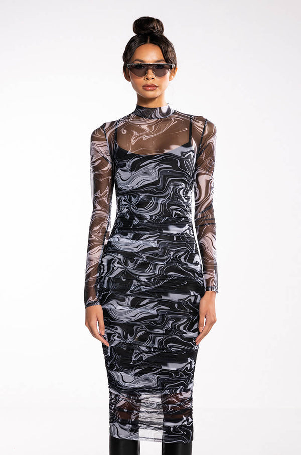 CONFIDENCE IS KEY LONG SLEEVE RUCHED MESH MIDI DRESS