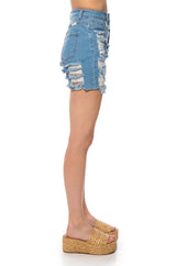 CONNIE DISTRESSED HIGH WAISTED DENIM SHORTS