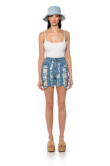 CONNIE DISTRESSED HIGH WAISTED DENIM SHORTS