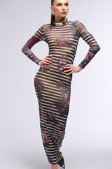 COOLEST GIRL ON THE BLOCK PRINTED MESH MAXI DRESS