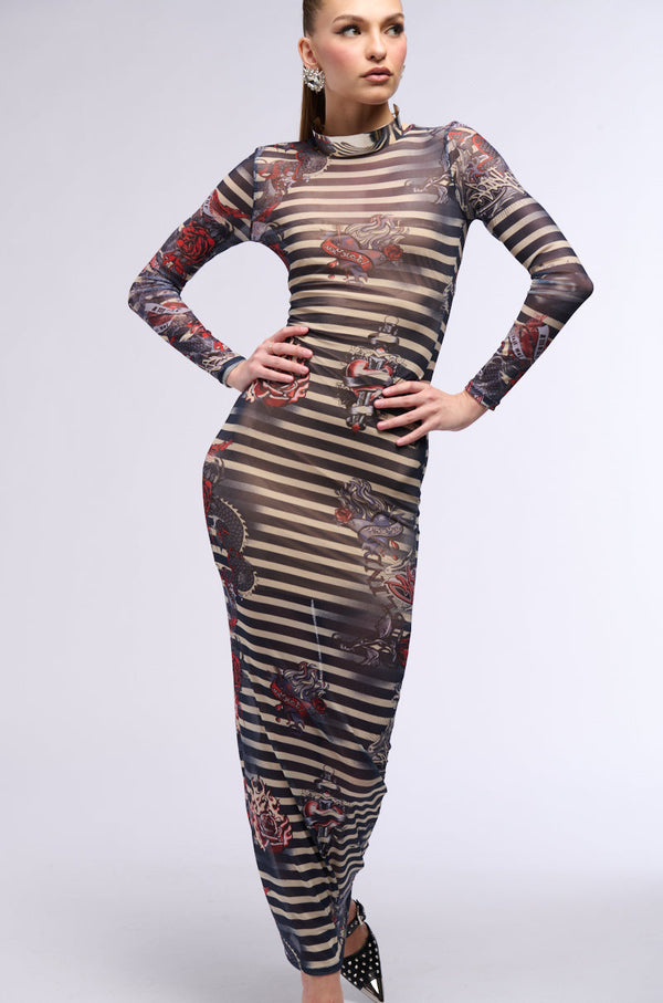 COOLEST GIRL ON THE BLOCK PRINTED MESH MAXI DRESS