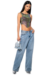 COSMIC ENERGY CROPPED CUT OFF RHINESTONE TANK IN BLACK