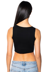 COSMIC ENERGY CROPPED CUT OFF RHINESTONE TANK IN BLACK