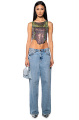 COSMIC ENERGY CROPPED CUT OFF RHINESTONE TANK IN BLACK