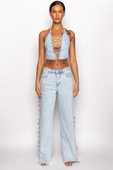 COVERED IN DIAMONDS DENIM PLUNGE CROP TOP