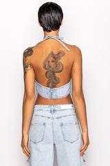 COVERED IN DIAMONDS DENIM PLUNGE CROP TOP