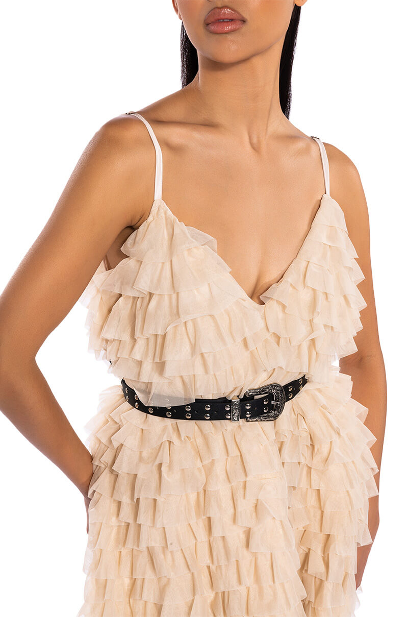 CRAZY FOR YOU BELTED TIERED TULLE MINI DRESS