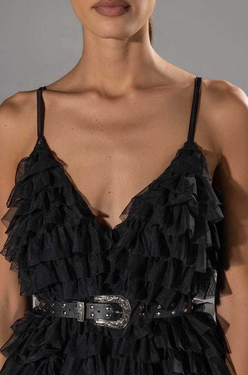 CRAZY FOR YOU BELTED TIERED TULLE MINI DRESS