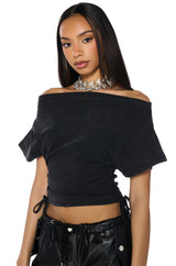 CRAZY IN LOVE SHORT SLEEVE OFF THE SHOULDER TSHIRT IN DARK GREY