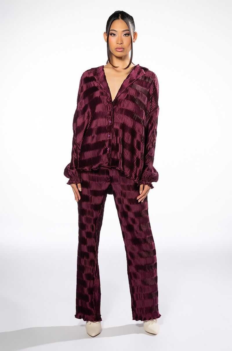 CRINKLE SATIN LONG SLEEVE BUTTON DOWN BLOUSE