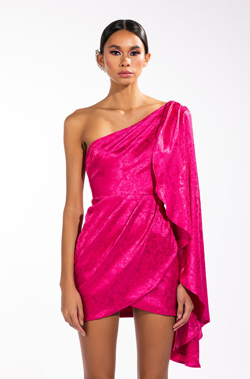COME ON IT ONE SHOULDER CASCADING SATIN MINI DRESS