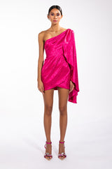 COME ON IT ONE SHOULDER CASCADING SATIN MINI DRESS
