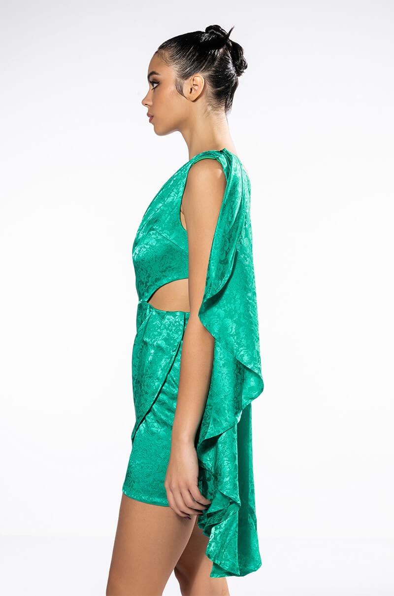 GLAM ONE SHOULDER DRAPED SATIN MINI DRESS