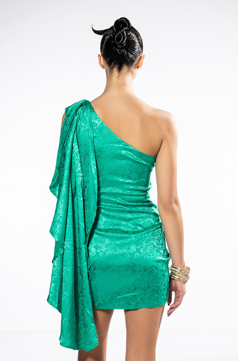 GLAM ONE SHOULDER DRAPED SATIN MINI DRESS