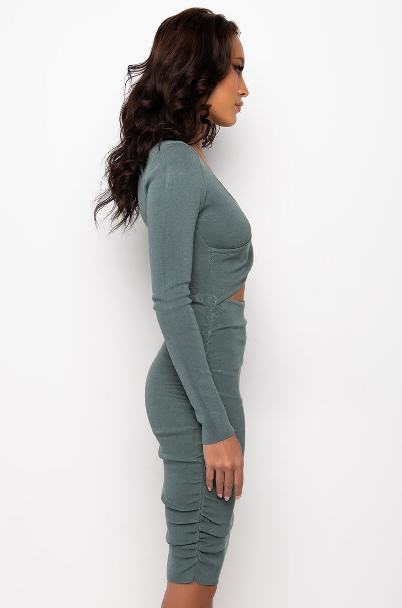 CUT OUT FOR IT LONG SLEEVE SIDE CUT OUT BODYCON MIDID DRESS